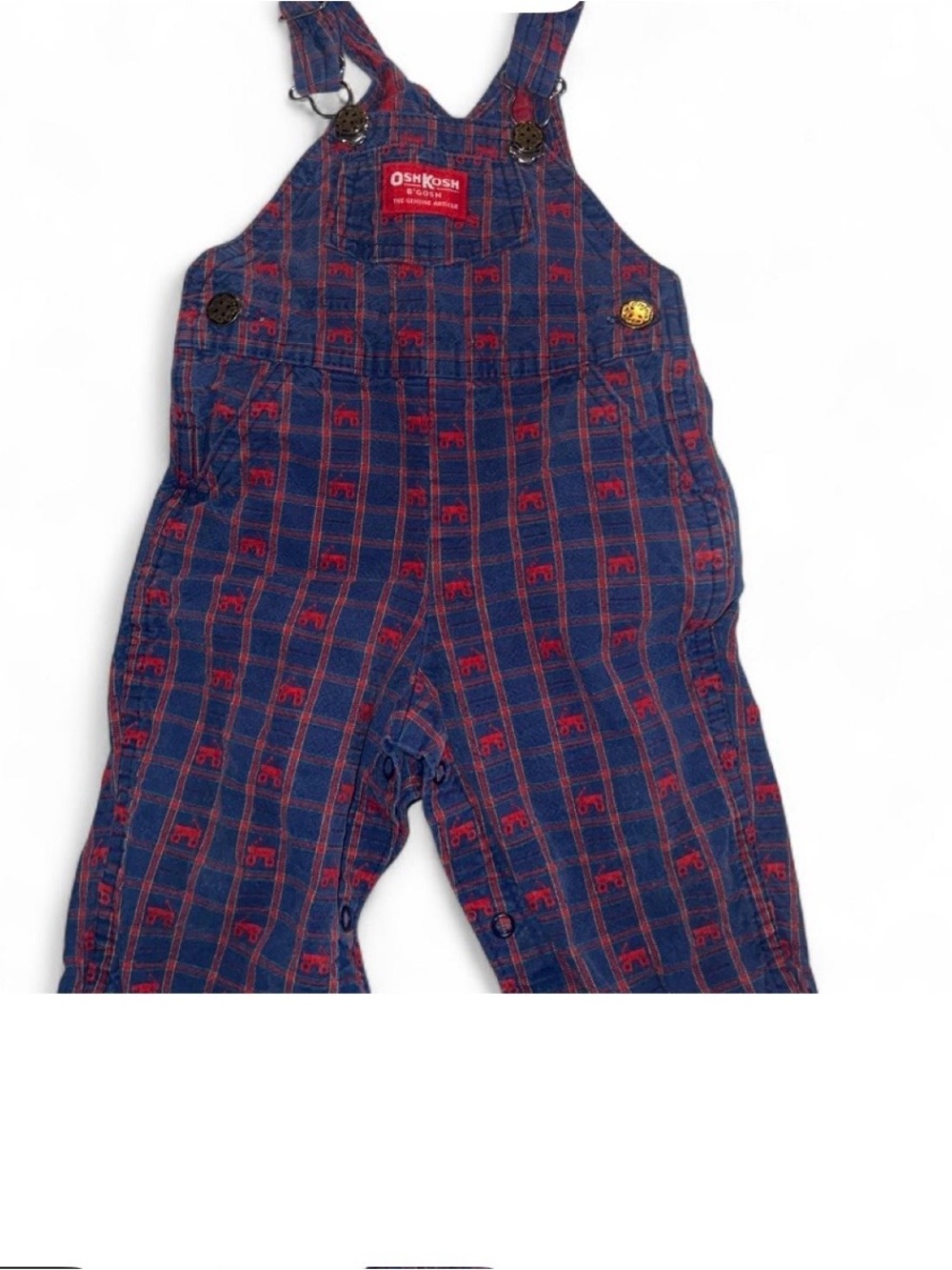 Vintage OshKosh B'gosh Plaid Toddler Overalls with red wagon print. Red and blue